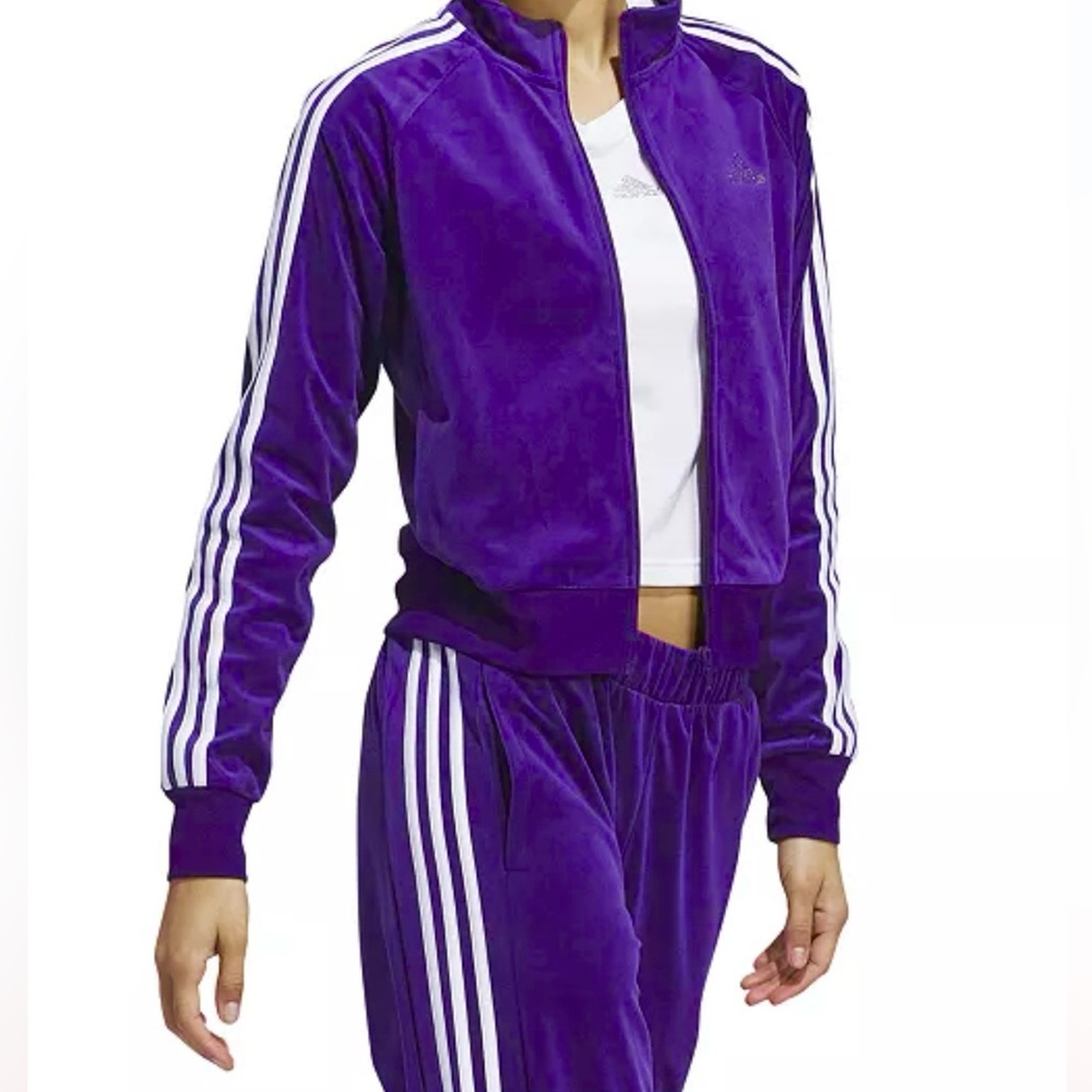 ADIDAS Bling Thick Velour Royal Purple Y2K Glam Wide-leg Pants - Picture 6 of 10